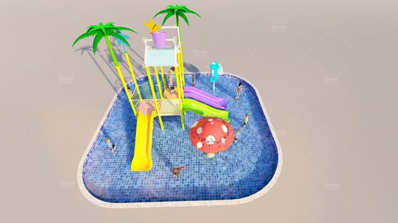 Struktur Permainan Air Mini Fiberglass dengan 3 Perosotan dan Ember Tumpah untuk Taman Air Anak-anak